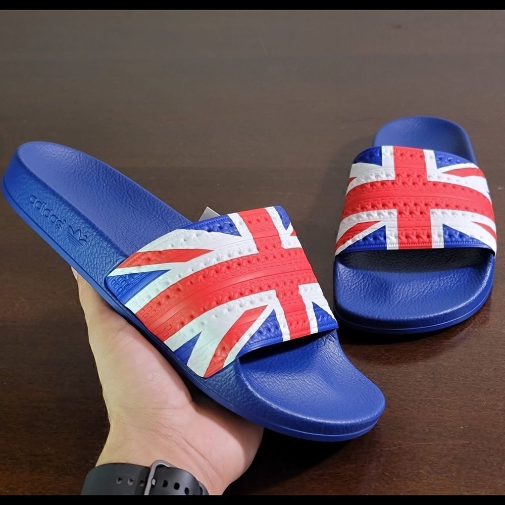 Adidas Originals Adilette United Kingdom England UK Flag Slides Sandals Blue Red